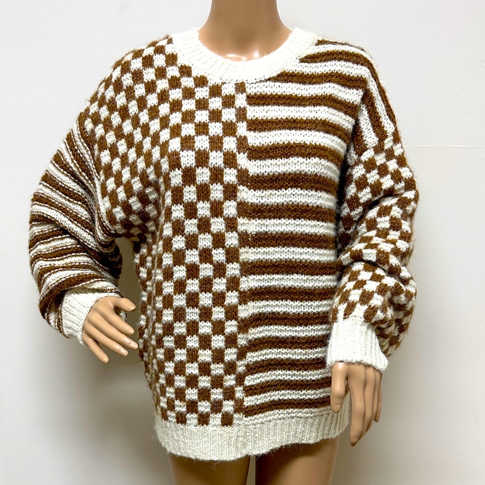 NWOT Blu Pepper Cream & Brown Checkerboard & Striped Sweater Sz S Puffed Sleeve